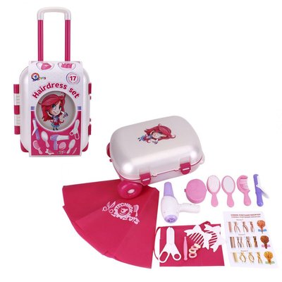 Технок 6993 - Детский набор парикмахера и чемодане на колесах с ручкой, фен, плойка, раскладной чемодан