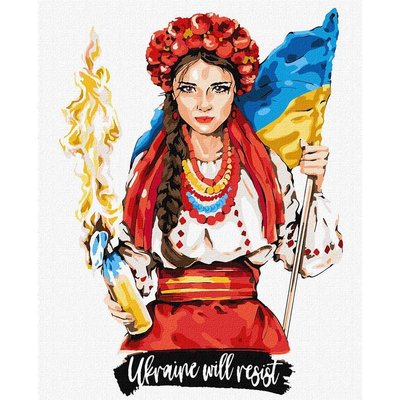 Идейка KHO4862 - Картина по номерам - украинка с коктейлем молотова и флагом