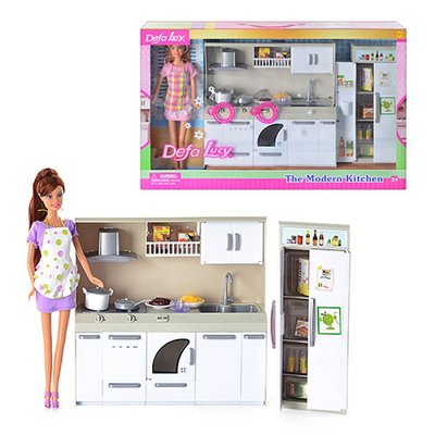 Defa 6085 - Кухня для Ляльки, лялька кухар, холодильник, повний кухонний набір, продукти, світло