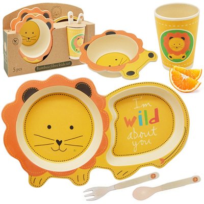 2775 - Бамбуковая посуда (для детей), набор из 5 предметов - Лев, детская безопасная бамбуковая посуда,2775