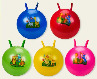 4502 - Детский Мяч для фитнеса 45 см, Фитбол с ручкой рожками, резина, микс цветов, в кульке, 4502
