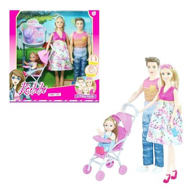 MiC WG147 - Набор кукол семья на прогулке - кукла беременная и папа кен, ребенок дочка и пупс, коляска