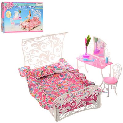 Меблі для ляльки Спальня ліжко, столик — трюмо, стілець, аксесуари, Глорія 2814