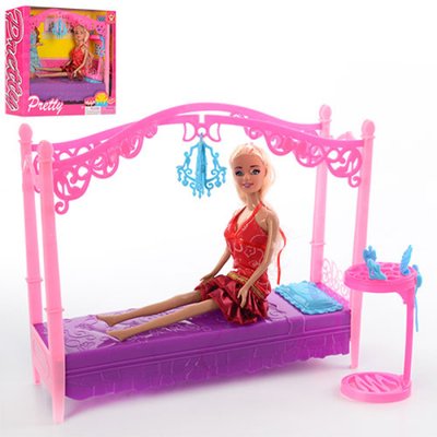 Меблі для ляльки Спальня ліжко з балдахіном, столик — трюмо, стілець, аксесуари SY-2027-2