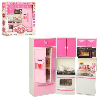 6610-19 - Игровой набор - Мебель Кухня для кукол барби 35х32 см, посуда, продукты, холодильник, звук, свет