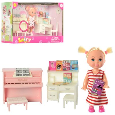 8414 - Игровой набор маленькая кукла пупс с набором мебели детская, дочка барби, пианино, стол