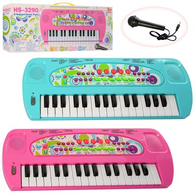 HS3290AB - Детский синтезатор - 32 клавиш, яркий розовый или голубой, запись, демо, микрофон