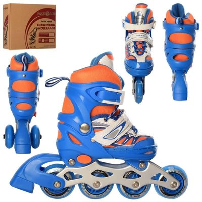 Ролики розсувні (розмір - XS) - комбо, колеса з ПУ, зі шнурівкою та баклей, синьо-помаранчові 1815267034 фото товару