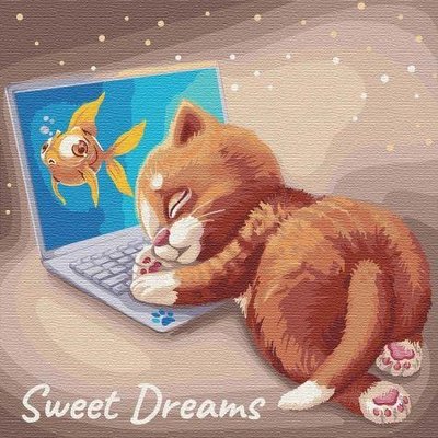 Набір для творчості - Картина за номерами сплячий котик на ноутбуці - Солодка дрімота, Ідейка 1390157851 фото товару
