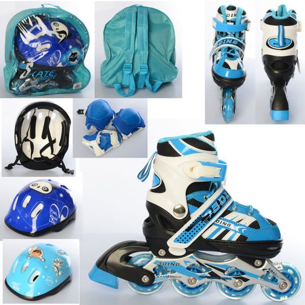 Ролики раздвижные синие (разные размеры), защита, в рюкзаке, колеса ПВХ, шнуровкой и баклей, A4128 A4128