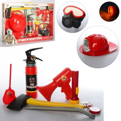 F015D - Детский игровой набор пожарника, каска, мегафон - звук, огнетушитель - брызгает водой, маска, набор пожарного