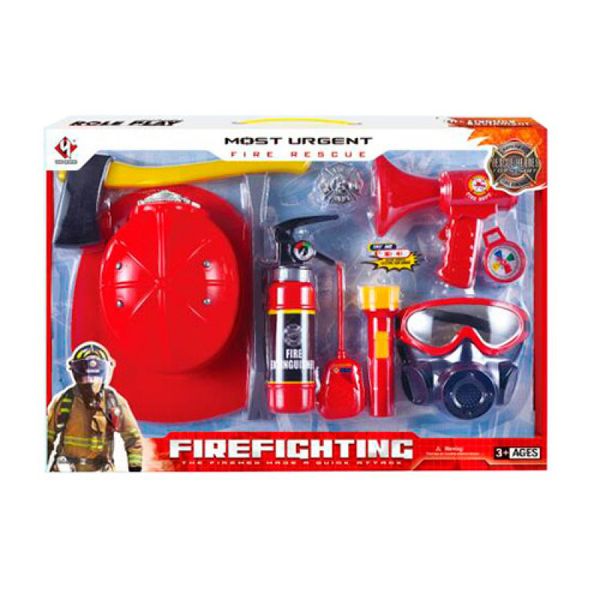 F015D - Дитячий ігровий набір пожежника, каска, мегафон — звук, вогнегасник — бризкає водою, маска, набір пожежника