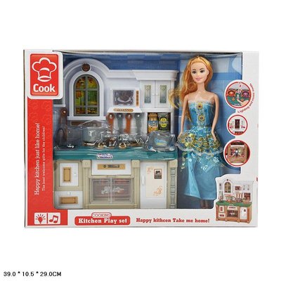 Меблі для ляльки барбі - Велика Кухня звук і світло, мийка, плита, посуд, меблі для будиночка барбі 3021-2