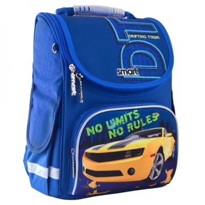 555989 - Ранец (рюкзак) - каркасный школьный для мальчика - синий Машина желтая гонка, PG-11 No Lim, Smart Смарт 555989