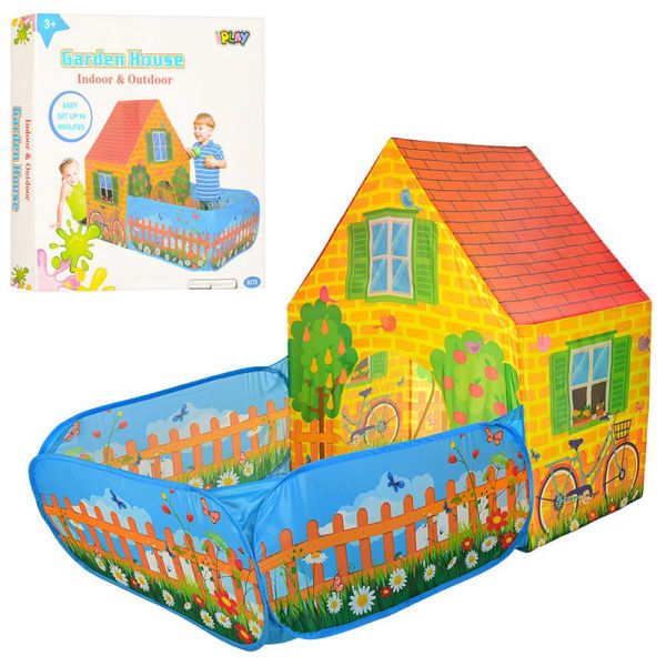 M 5498 - Намет - дитячий ігровий будиночок - Будинок з верандою (парканом), розмір 150-90-110 см, на кілочках, M 5498