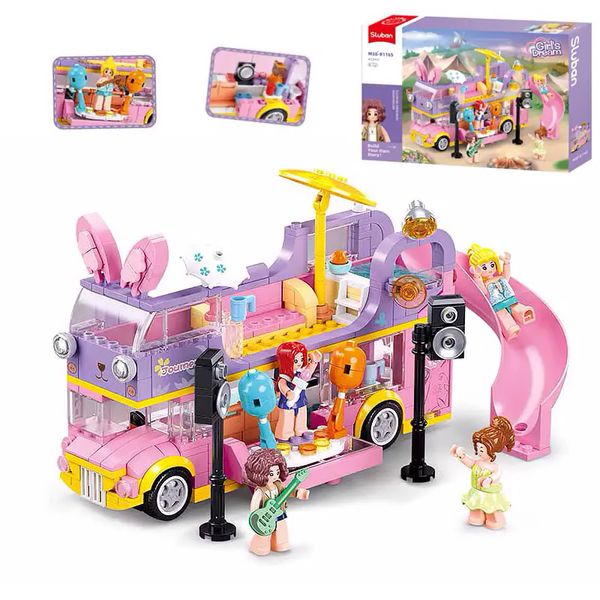 Конструктор для дівчаток - автобус для вечірок, 2-х поверховий рожевий автобус зайчик з гіркою M38-B1165
