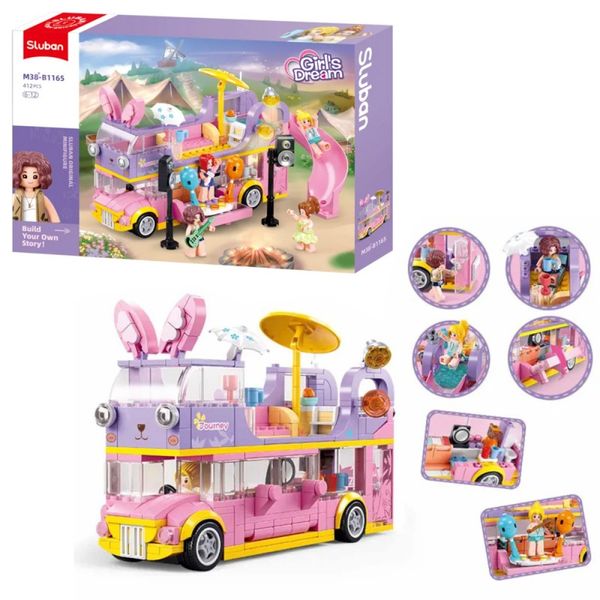 Конструктор для дівчаток - автобус для вечірок, 2-х поверховий рожевий автобус зайчик з гіркою M38-B1165