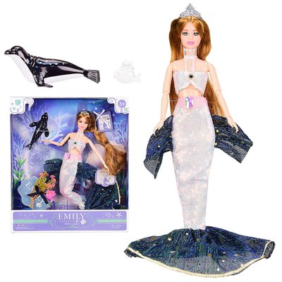 QJ092 - Лялька королева русалка в білому Emily (Емілі русалка), лялька 29 см, хвіст в паєтках