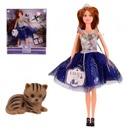 Кукла Emily Эмили с котом, кукла принцесса 29 см, стильное синее платье и корона QJ089B