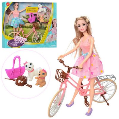 JND-1214 - Лялька на велосипеді, велосипед для ляльки 29 см, собачки, аксесуари