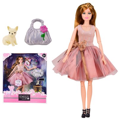 QJ087C - Кукла Emily Эмили с питомцем - собачка, кукла 29 см шарнирная, розовое платье и сумочка