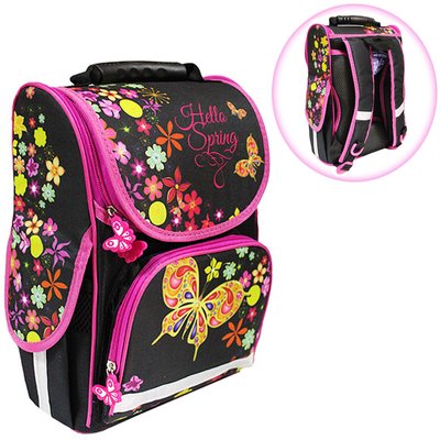 988407 - Ранец (рюкзак) - короб ортопедический для девочки - Бабочки (стильный черный с розовым), Smile 988407