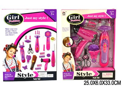 807 - Детский набор парикмахера - фен на батарейках, инструмент для заплетания волос, бигуди, детский салон красоты.
