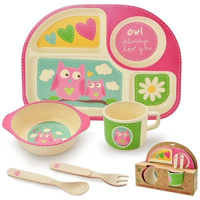 2773 - Детска бамбуковая посуда для девочки розовая Сова, замок, набор совы Bamboo Fibre kids set, 2773
