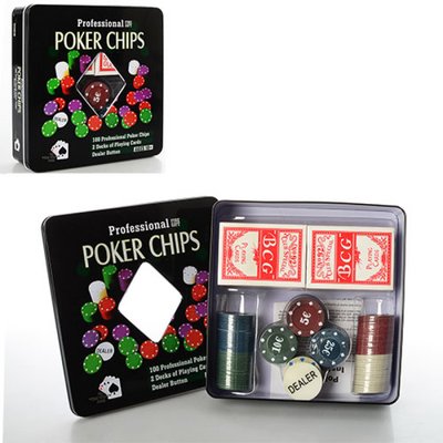 1002, 3896 A - Настільна гра - набір для гри в покер 100 фішок з номіналом, 2 колоди карт, залізна коробка