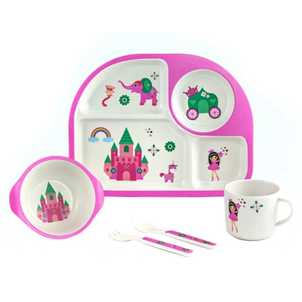 2773 - Дитячий бамбуковий посуд для дівчинки рожевий Сова, замок, набір сови Bamboo Fibre kids set, 2773