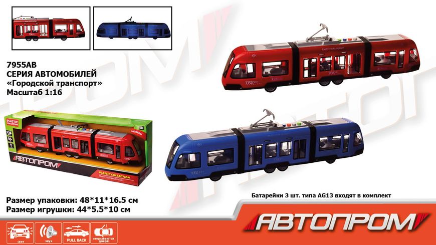 Автопром 7955 - Іграшка модель Трамвай великий 44 см, звук, світло, інерція, двері відчиняються, Автопром