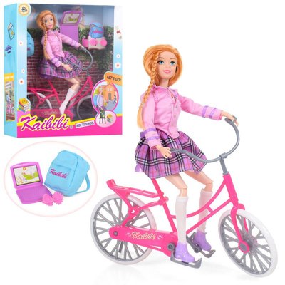 BLD143 - Лялька на велосипеді, шарнірна 30 см, аксесуари, рюкзак