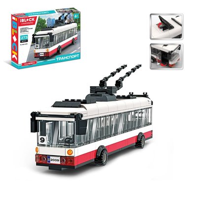 IBLOCK 921-378 - Конструктор троллейбус бело - красный с открывающимися дверьми, 275 деталей