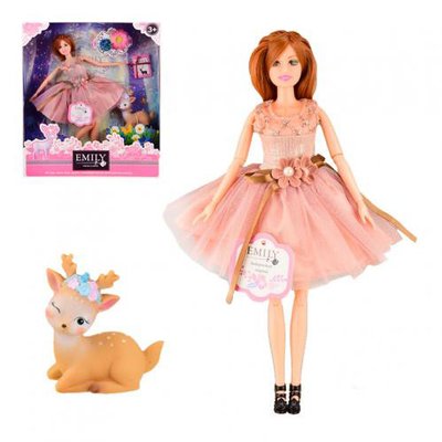 QJ087D - Лялька Emily Емілі з ланню, лялька принцеса 29 см шарнірна, рожеве плаття і вихованець олень