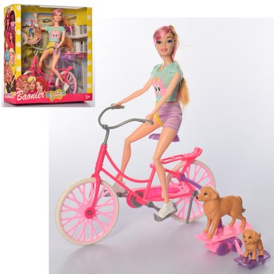 JJ8689-2 - Кукла на велосипеде, шарнирная 29 см, собачки, скейт (велосипед для куклы с собачками)