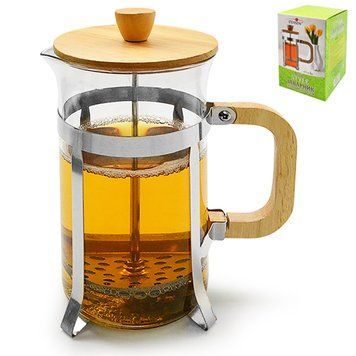 Stenson MS-3943-0.35 - Маленький стеклянный заварник с прессом для друга на 350мл с бамбуковой крышкой для кофе или чая