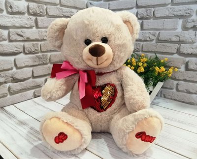 B1015 - М'яка іграшка Ведмедик з сердечком (ведмідь, ведмежа) з паєтками 34 см, B1015