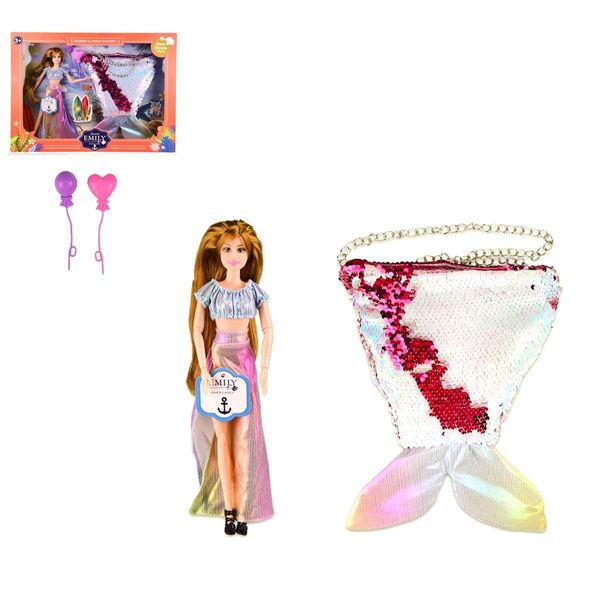 QJ091C - Подарунковий набір для дівчинки 2 в 1 - Лялька Emily шарнірна і сумочка хвіст русалки паєтки