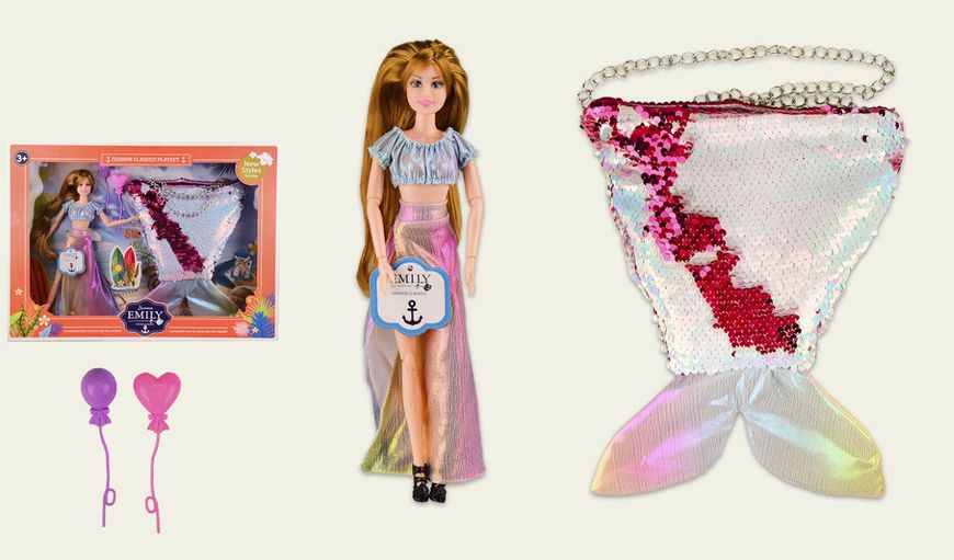 QJ091C - Подарунковий набір для дівчинки 2 в 1 - Лялька Emily шарнірна і сумочка хвіст русалки паєтки