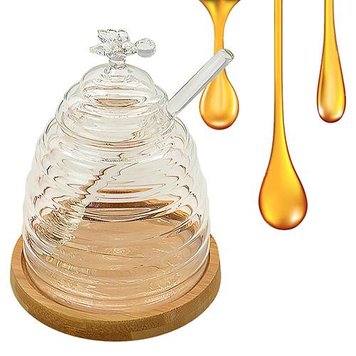 Stenson R30171 - Банка для меду скляна на бамбуковій підставці - стильний аксесуар для подачі меду або джему