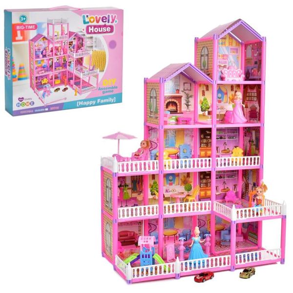 DSJ589-2 - 5 поверхний ляльковий будиночок для маленьких ляльок — з меблями, ляльками та аксесуарами
