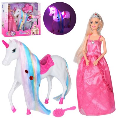 Ігровий набір лялька на коні - шарнірна лялька принцеса з білим єдинорогом, що світиться 1706330362 фото товару