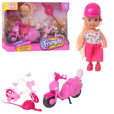 K899-77 - Кукла маленькая 11 см на скутере, дочка барби, розовый скутер и велосипед для куклы типа ЛОЛ