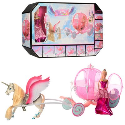 68019 - Подарочный набор Карета с лошадью и куклой розовая, лошадь с крыльями, кукла 29 см, 68019