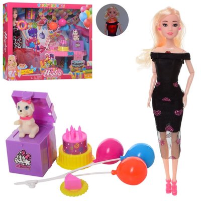 Лялька шарнірна в наборі День народження — собачка, торт, кульки HB025