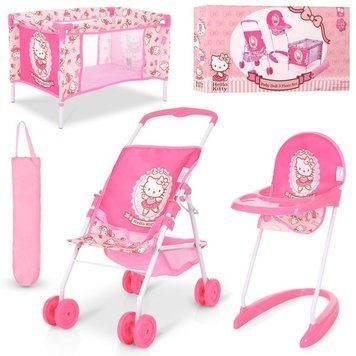 D-98282 - Игровой набор для Пупс или кукла типа baby born беби берн, коляска, стул для кормления, манеж, Hello Kitty,&nbsp;