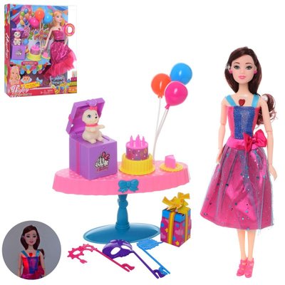 Лялька шарнірна в наборі День народження — собачка, торт, кульки, маски, подарунок HB030