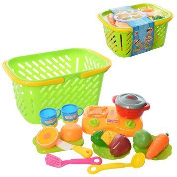 1267 - Игровой набор продукты на липучке - овощи и фрукты, досточка, нож, плита,&nbsp;в корзинке
