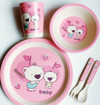 N02330 - Набор бамбуковой посуды (для детей) розовый - Мишки коалы, 5 предметов, Eco Bamboo N02330