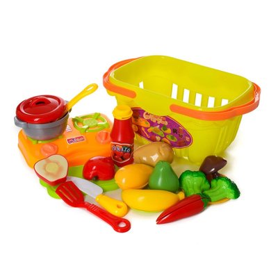 1257 - Игровой набор продукты на липучке овощи, фрукты, в корзинке, плита